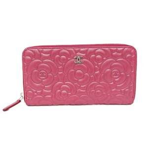 Chanel Camellia Round Zip Women's  Lambskin Long Wallet (bi-fold) Pink